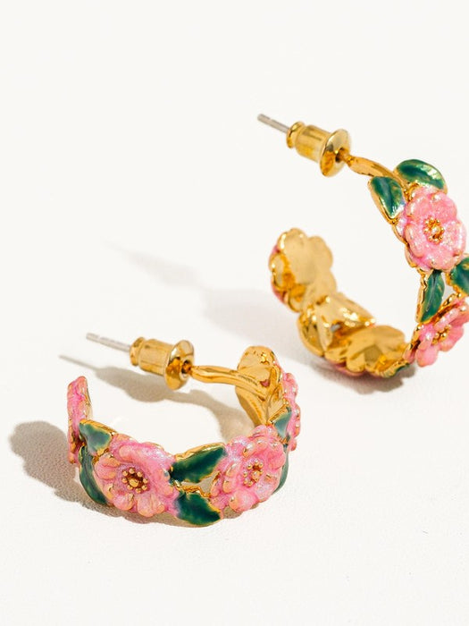 18K Gold Plated Pink Floral Hoop Earring