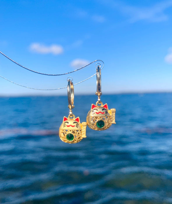 Unique Lucky Cat Huggie Earrings