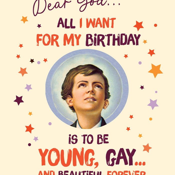 YOUNG AND GAY FOREVER gay birthday card