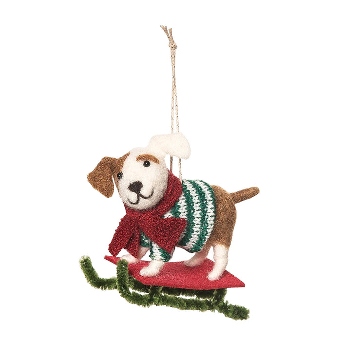 Green Sweater Dog Sleighing Ornament