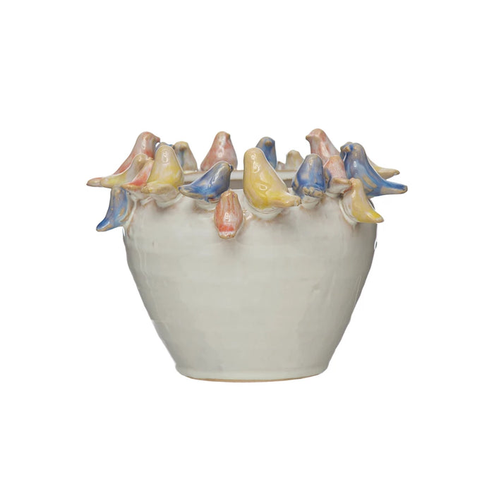 Stoneware Planter w/ Birds on Rim