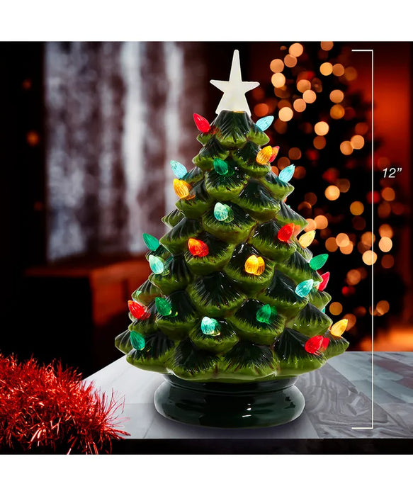 Battery Operated LED Lighted Ceramic Green Tree Table Piece