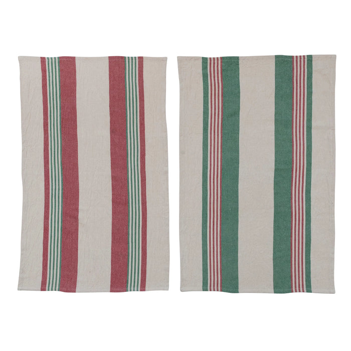 Red and Green Cotton Striped Tea Towel Set